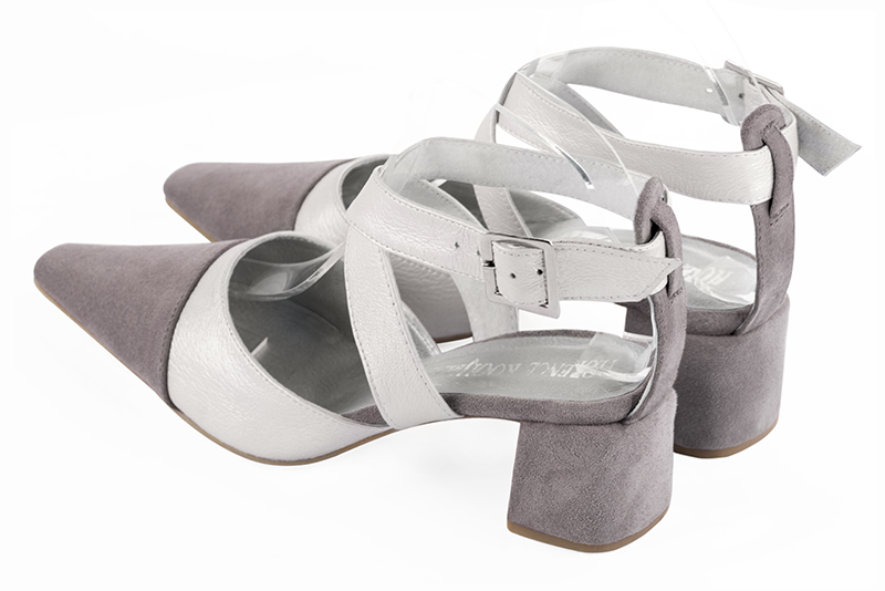Pebble grey and pure white women's open back shoes, with crossed straps. Tapered toe. Medium block heels. Rear view - Florence KOOIJMAN
